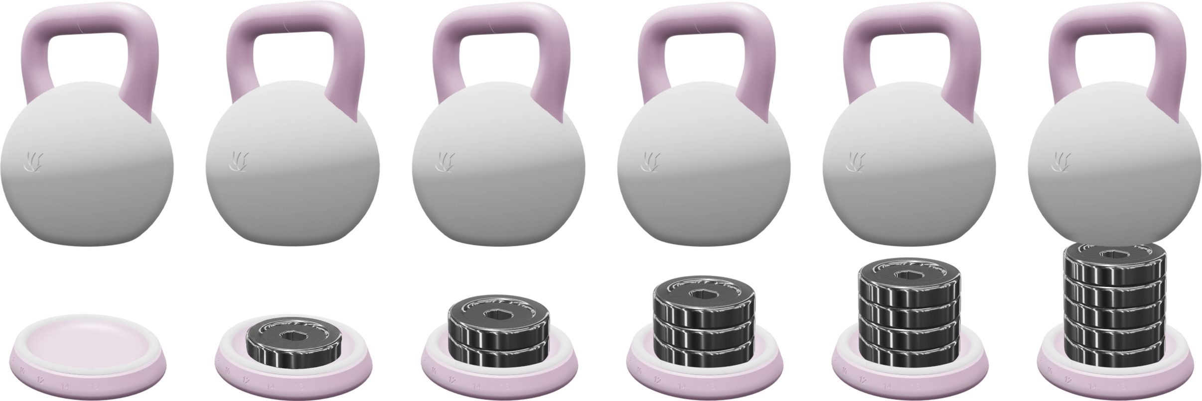 Šest stopenj teže kettlebella, od 16 kg do 6 kg